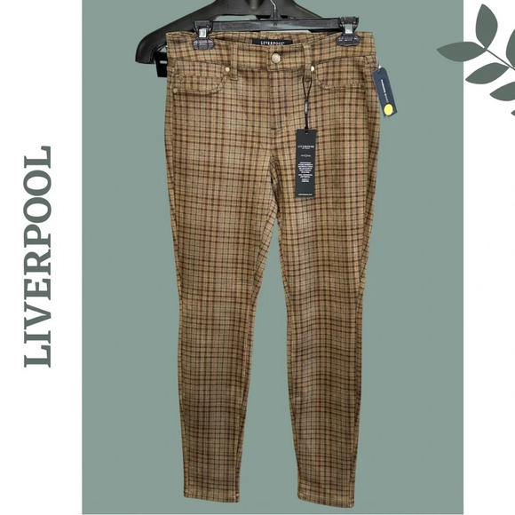 LIVERPOOL MADONNA  SKINNY TARTAN Stretch Pant Brown Tan Size - Picture 3 of 8